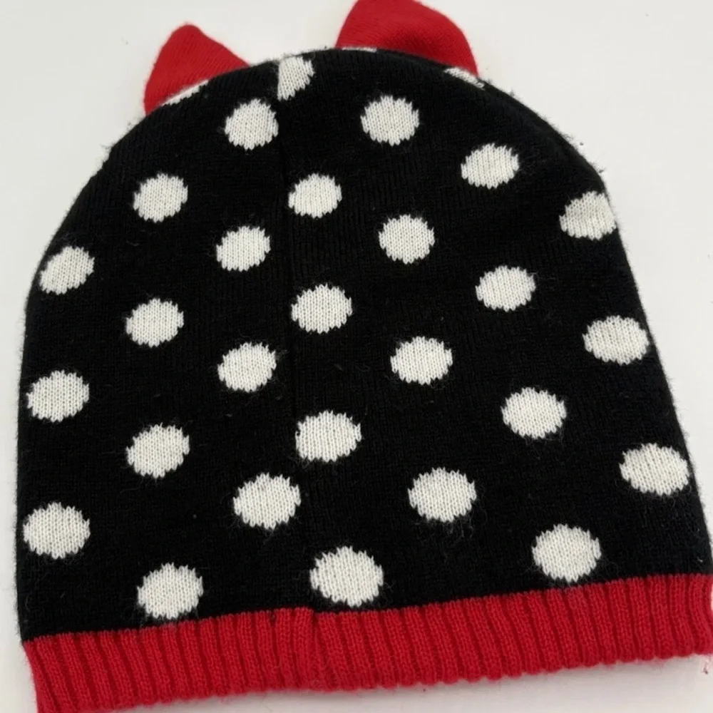 Disney Minnie Mouse Beanie Hat Size 2T- 5T  Polka Dot Black  White Red Bow